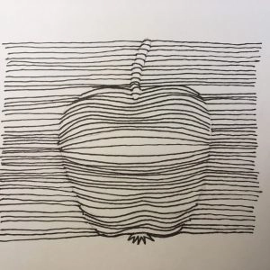 Tegning af et æble med parallelle linjer, der skaber en optisk illusion.