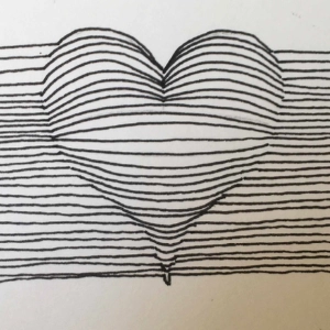 Færdig tegning af et hjerte med parallelle linjer, der skaber en 3D-effekt.