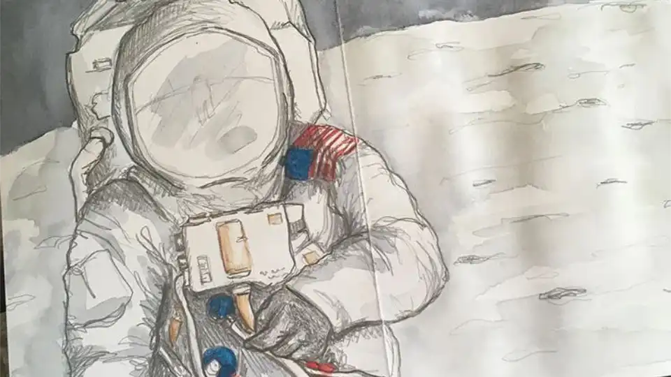 "Tegning af astronaut i rummet iført rumdragt med amerikansk flag, set mod en månelandskab baggrund."