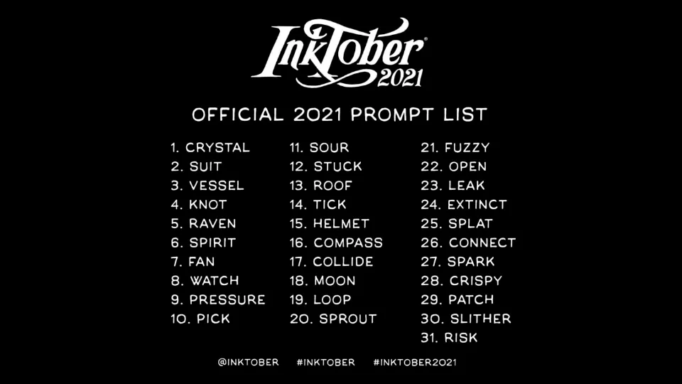 "Inktober 2021 officielle promptliste med 31 ord, hver for hver dag i oktober."